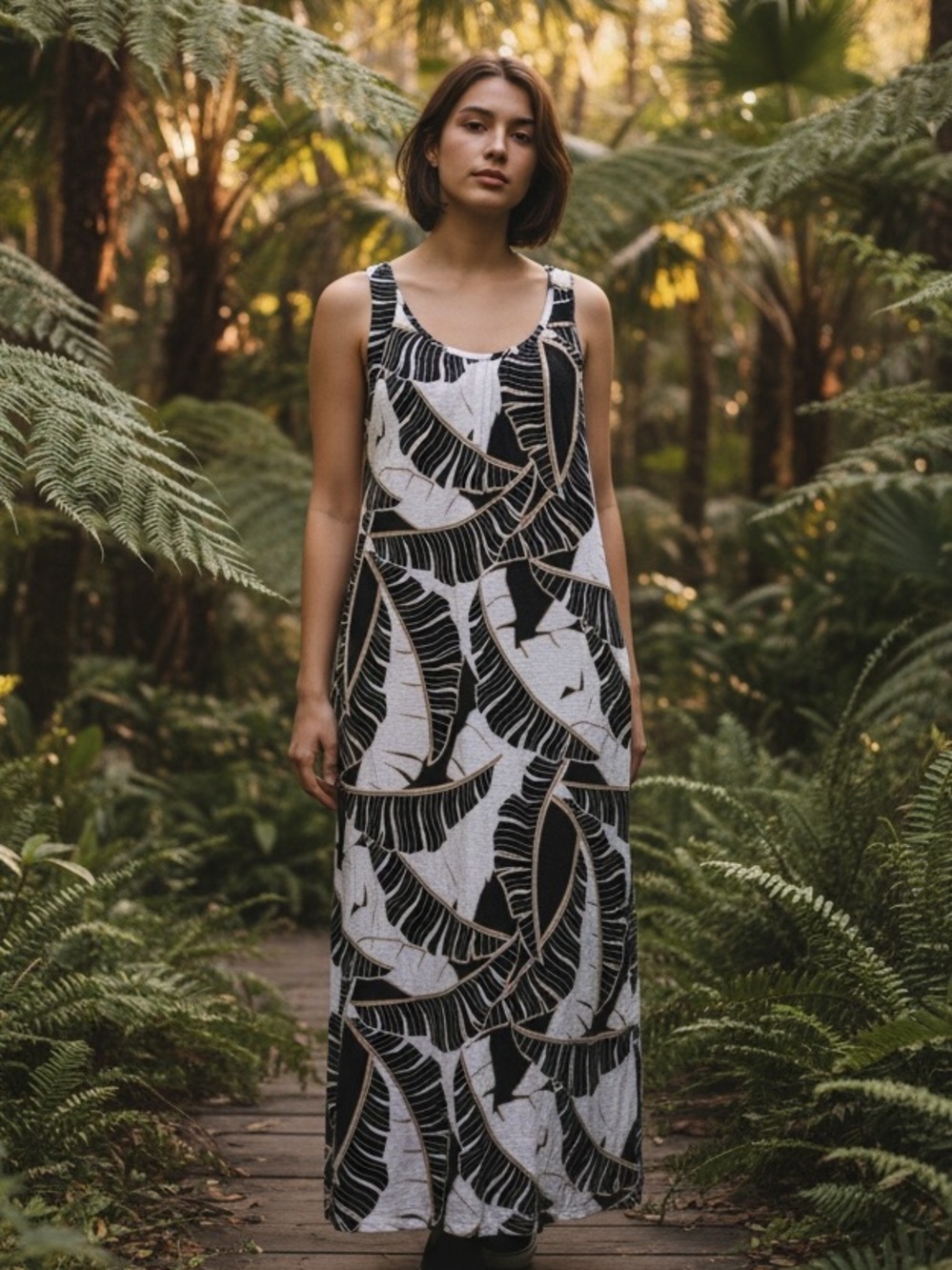 Chico's Black and White Tropical Banana Leaf Sleeveless Maxi Dress